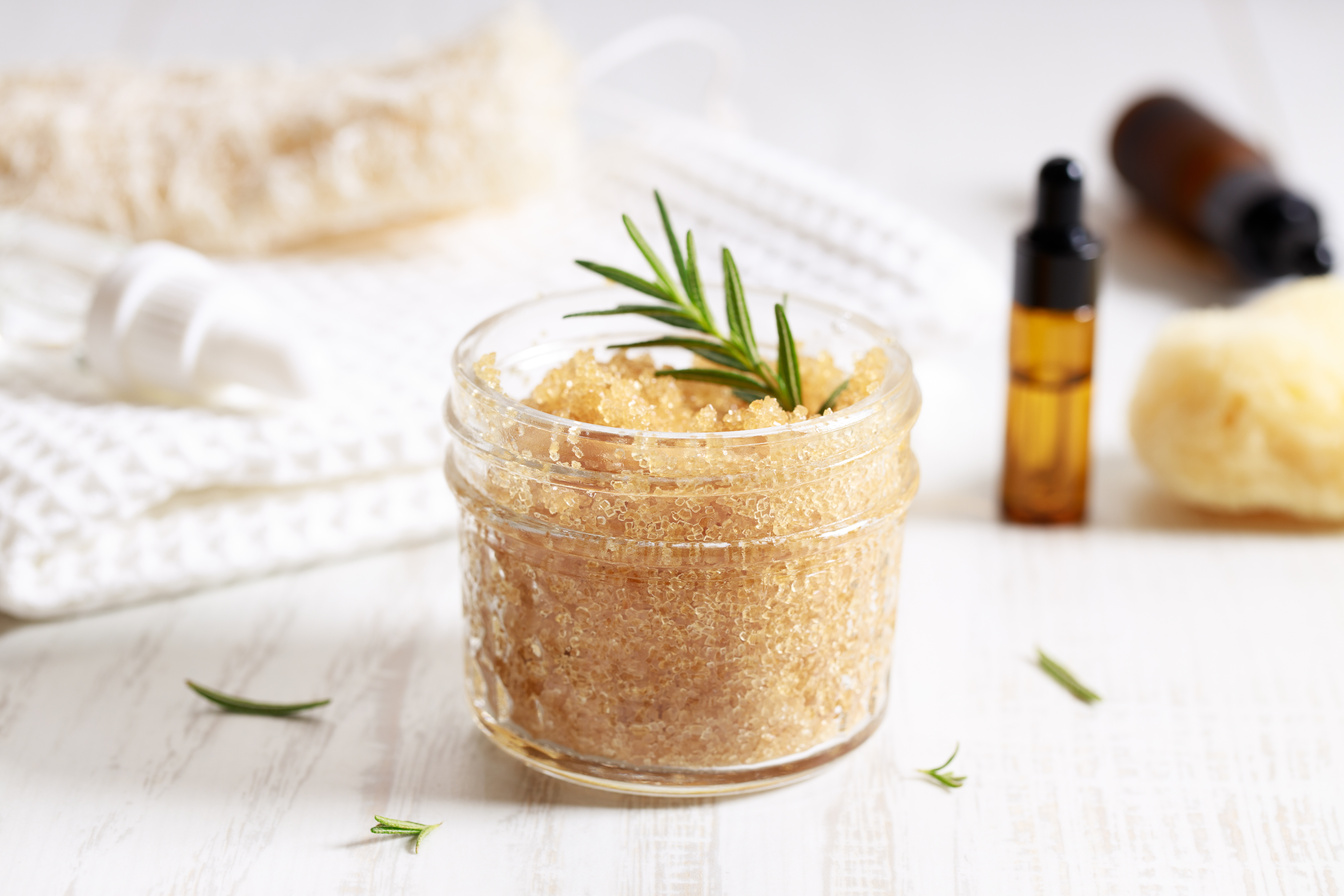 Brown sugar scrubs with essential oil and fresh rosemary